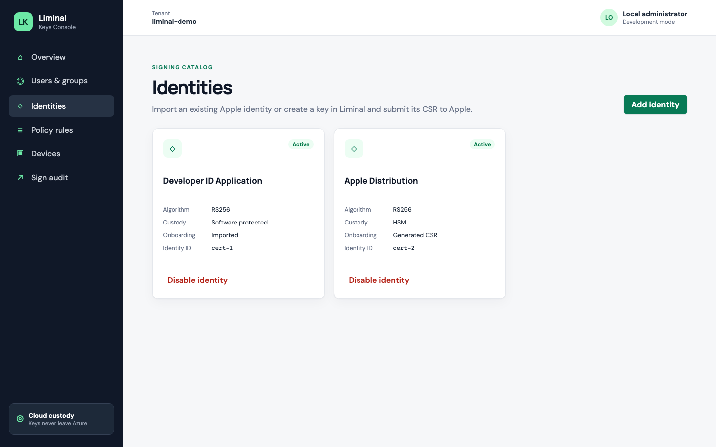 Liminal Console identities catalog